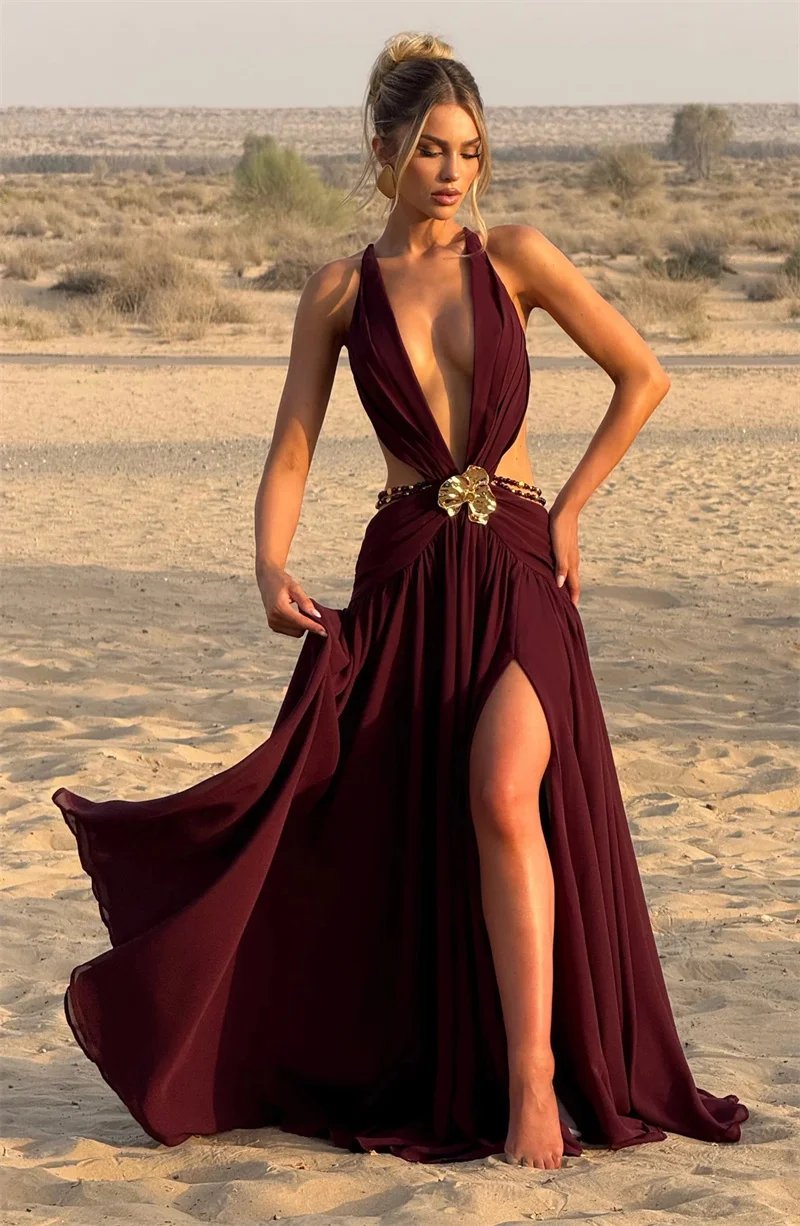 Victoria's Vogue Hollow Out Deep V Neck Sexy Maxi Dress Women Gown Metal Buckle Sleeveless Backless Thigh High Split Club Party Dresses Victoria's Vogue Hollow Out Deep V Neck Sexy Maxi Dress Women Gown Metal Buckle Sleeveless Backless Thigh High Split Club Party Dresses