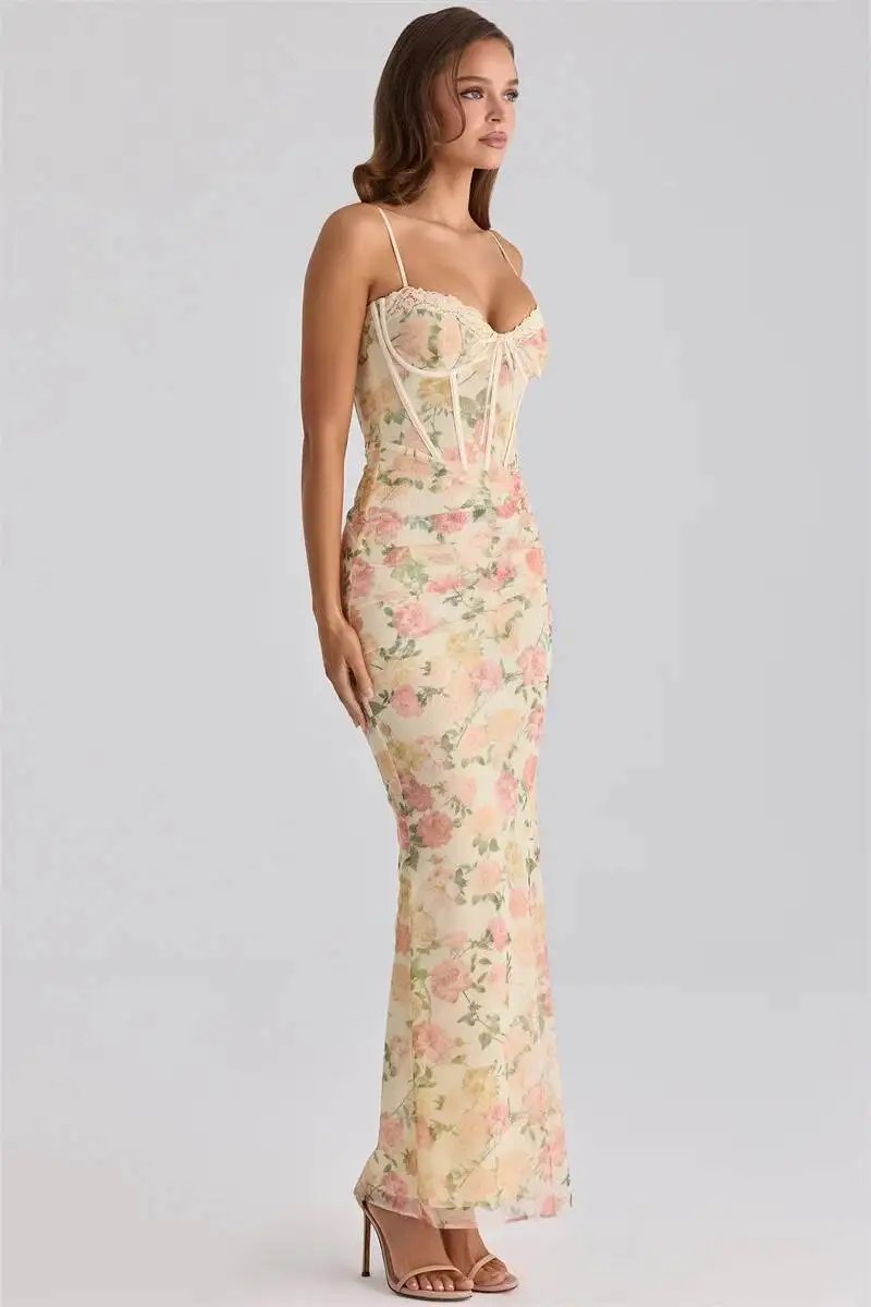 Victoria's Vogue Spaghetti Strap Backless Print Sexy Maxi Dress Women Elegant Patchwork Sleeveless Bodycon Floral Print Club Party Dress
