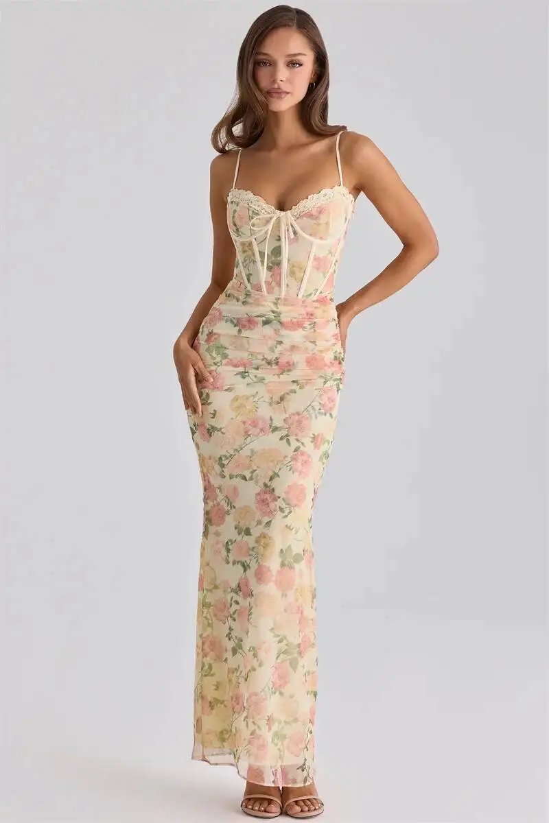 Victoria's Vogue Spaghetti Strap Backless Print Sexy Maxi Dress Women Elegant Patchwork Sleeveless Bodycon Floral Print Club Party Dress