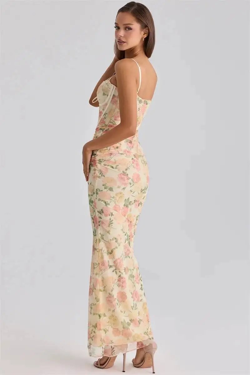 Victoria's Vogue Spaghetti Strap Backless Print Sexy Maxi Dress Women Elegant Patchwork Sleeveless Bodycon Floral Print Club Party Dress