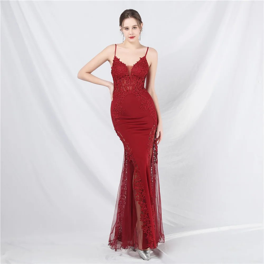 Victoria's Vogue Appliques Party Evening Dress Sexy Slit Evening Dress Women Long Prom Dress