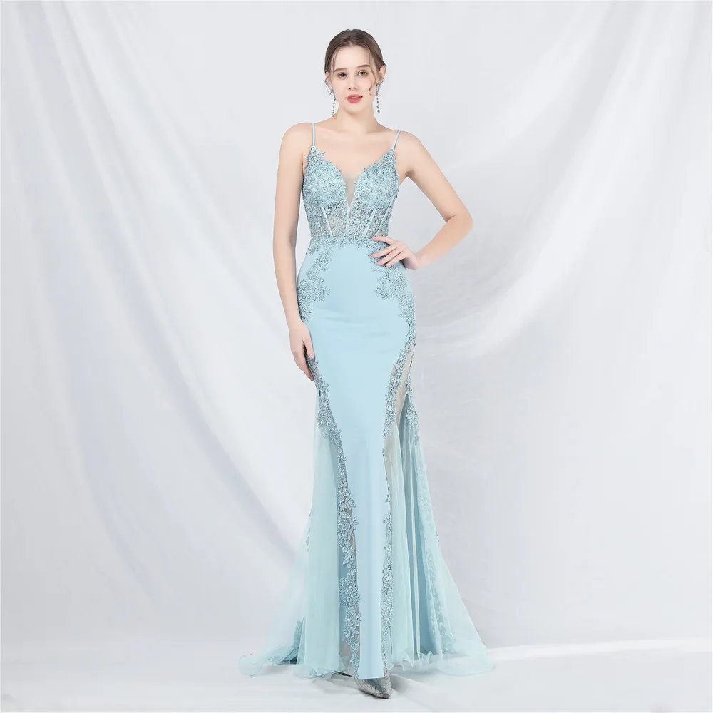 Victoria's Vogue Appliques Party Evening Dress Sexy Slit Evening Dress Women Long Prom Dress