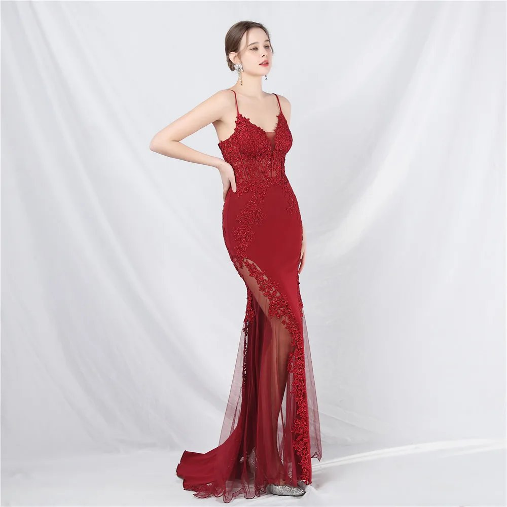 Victoria's Vogue Appliques Party Evening Dress Sexy Slit Evening Dress Women Long Prom Dress