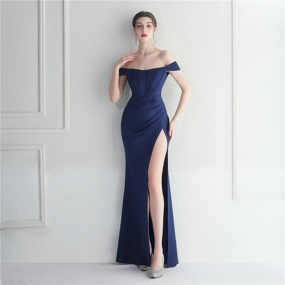 Victoria's Vogue Off Shoulder Slash Nech Maxi Dress Women Sexy Slit Long Prom Dress Evening Dress