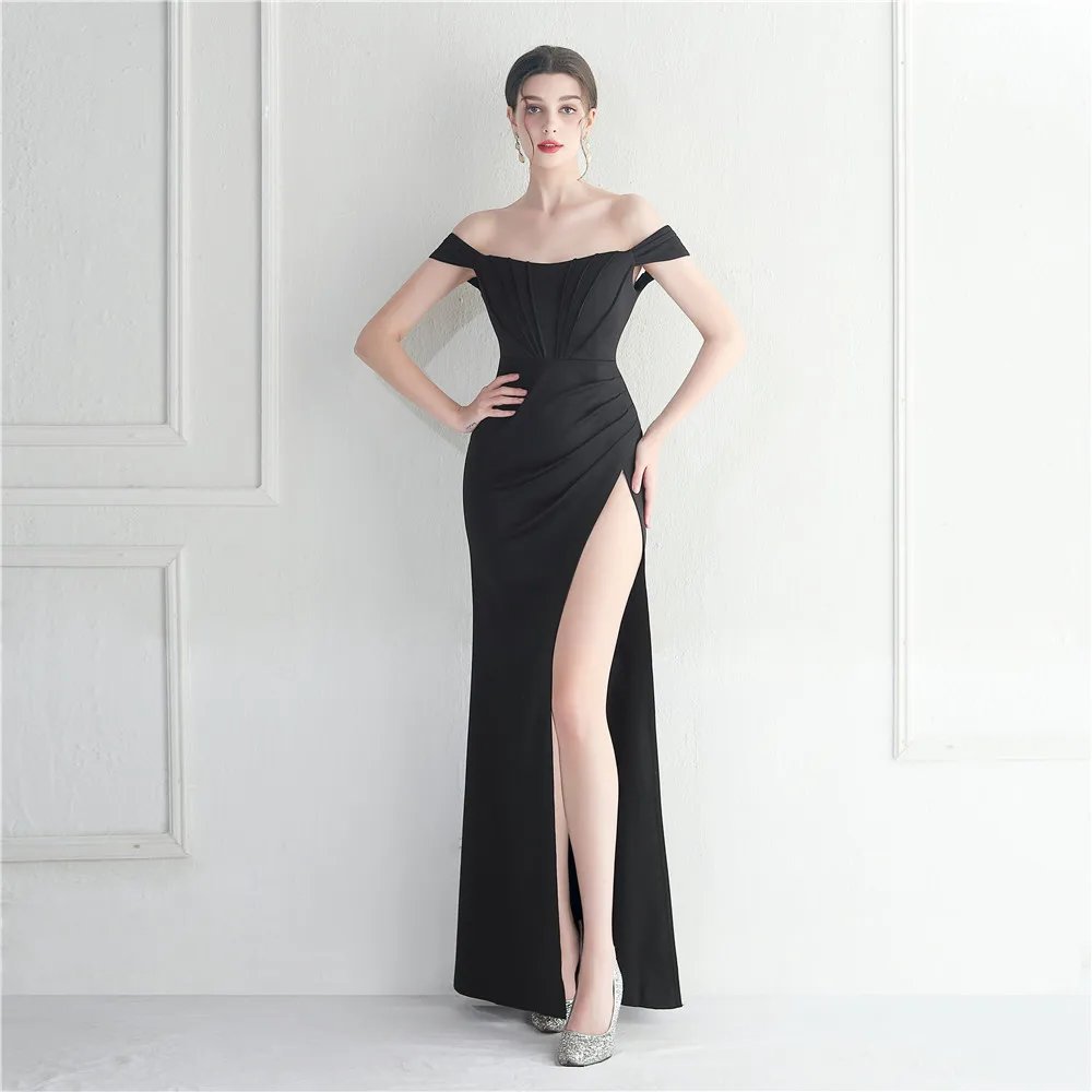 Victoria's Vogue Off Shoulder Slash Nech Maxi Dress Women Sexy Slit Long Prom Dress Evening Dress