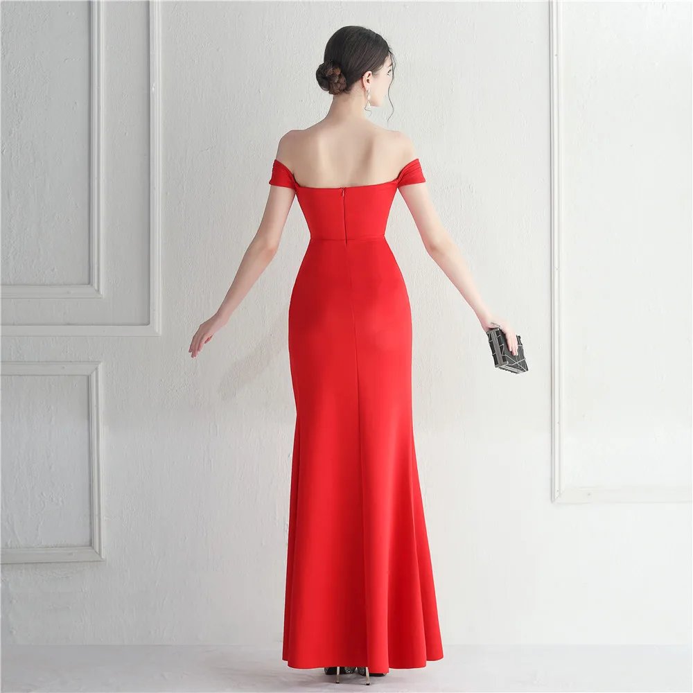 Victoria's Vogue Off Shoulder Slash Nech Maxi Dress Women Sexy Slit Long Prom Dress Evening Dress