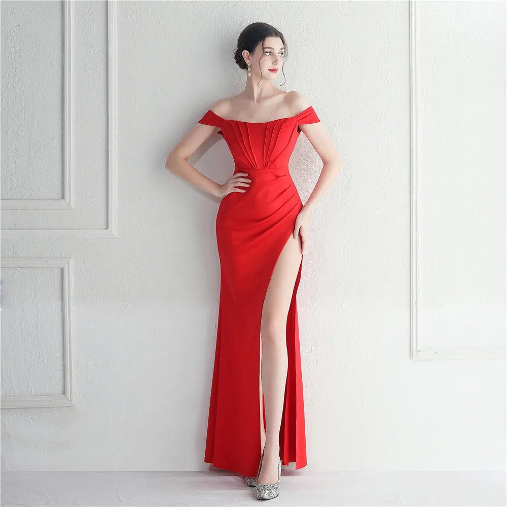 Victoria's Vogue Off Shoulder Slash Nech Maxi Dress Women Sexy Slit Long Prom Dress Evening Dress