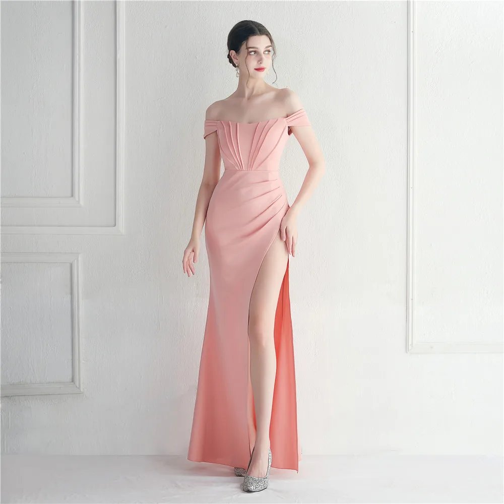 Victoria's Vogue Off Shoulder Slash Nech Maxi Dress Women Sexy Slit Long Prom Dress Evening Dress
