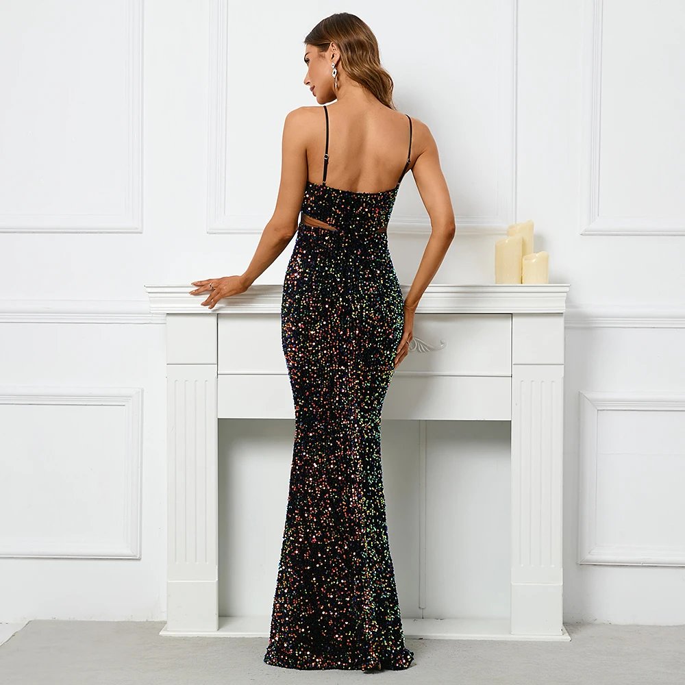 Victoria's Vogue Backless Black Sequin Dress Sexy Bar Long Party Evening Dresses Luxury Velvet Stretch Off Shoulder Cocktail Prom Dress