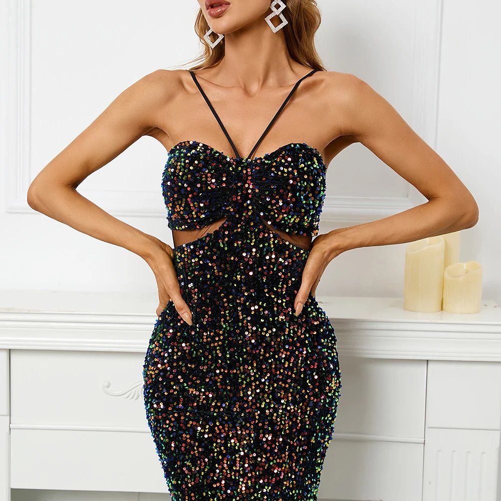 Victoria's Vogue Backless Black Sequin Dress Sexy Bar Long Party Evening Dresses Luxury Velvet Stretch Off Shoulder Cocktail Prom Dress