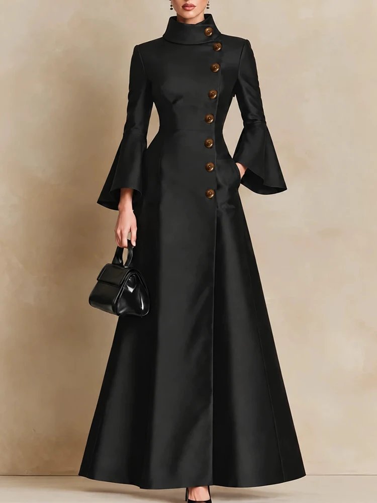 Victoria's Vogue Women's Elegant Maxi Dress Stand Collar Long Sleeve Slim Fit A Line Formal Fashion Party Ladies Long Dress For Autumn Winter