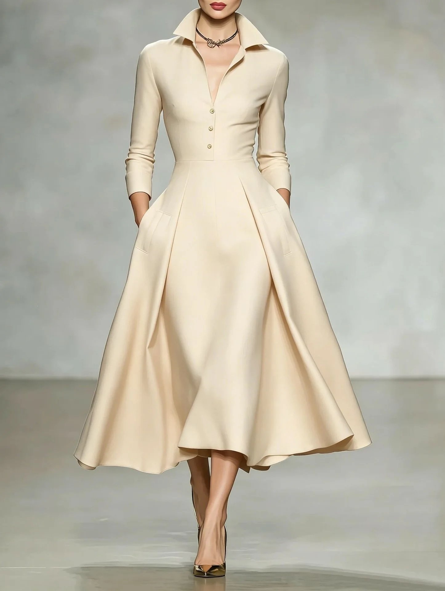 Victoria's Vogue Women Elegant V Neck Long Sleeve Shirt Dress Waist Cinched Flared Midi Dress Formal Party Casual Autumn Winter Outfit