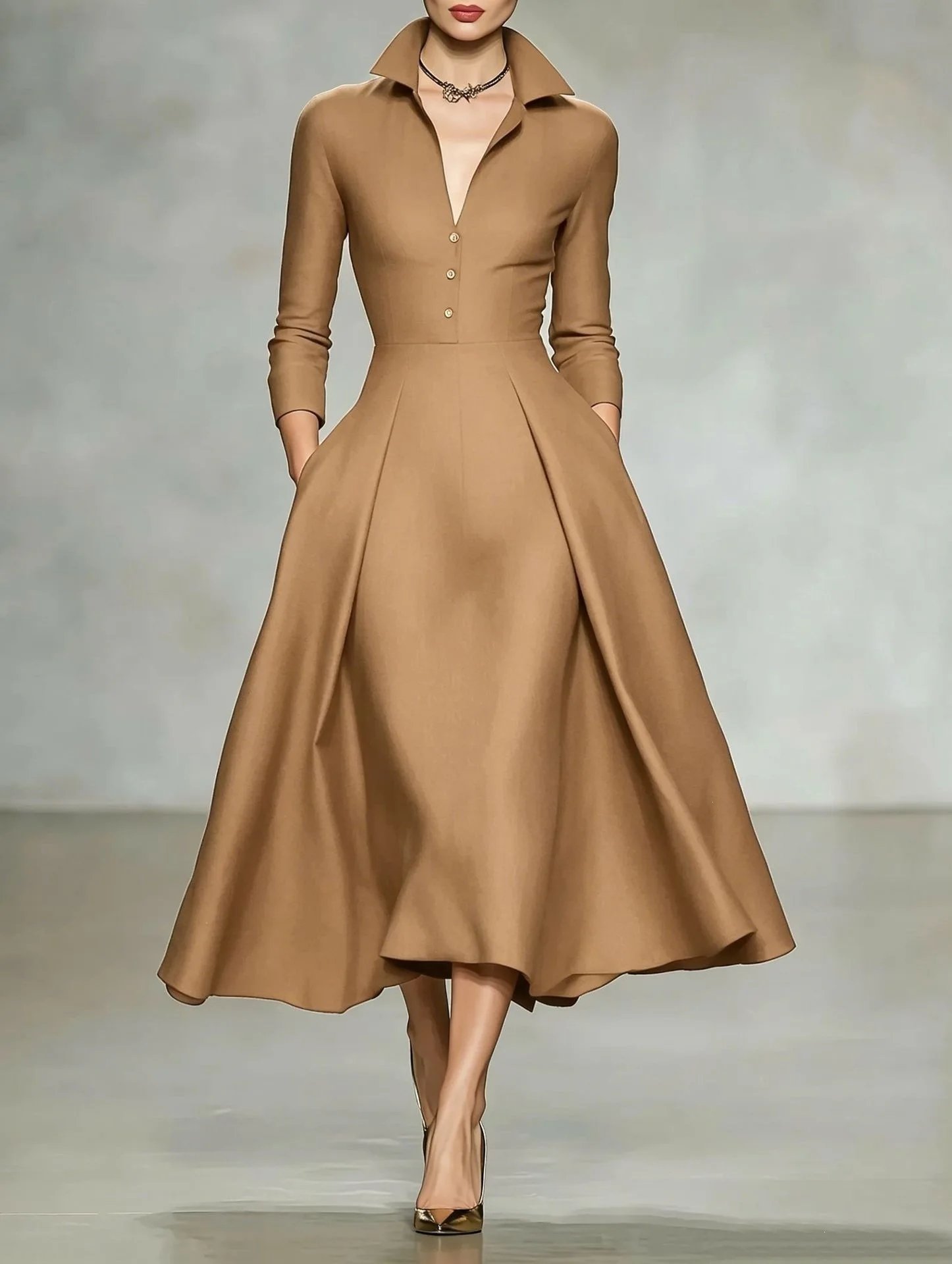Victoria's Vogue Women Elegant V Neck Long Sleeve Shirt Dress Waist Cinched Flared Midi Dress Formal Party Casual Autumn Winter Outfit
