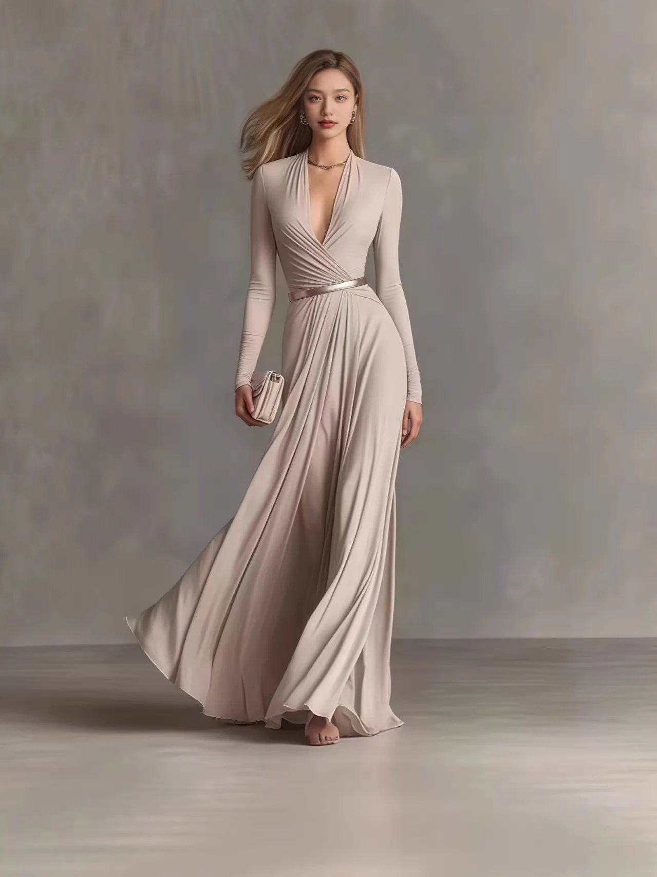 Victoria's Vogue Women Elegant Sexy Deep V Neck Slim Maxi Dress Spring Autumn Solid Long Sleeve Casual Party Dresses With Belts Fashion Street