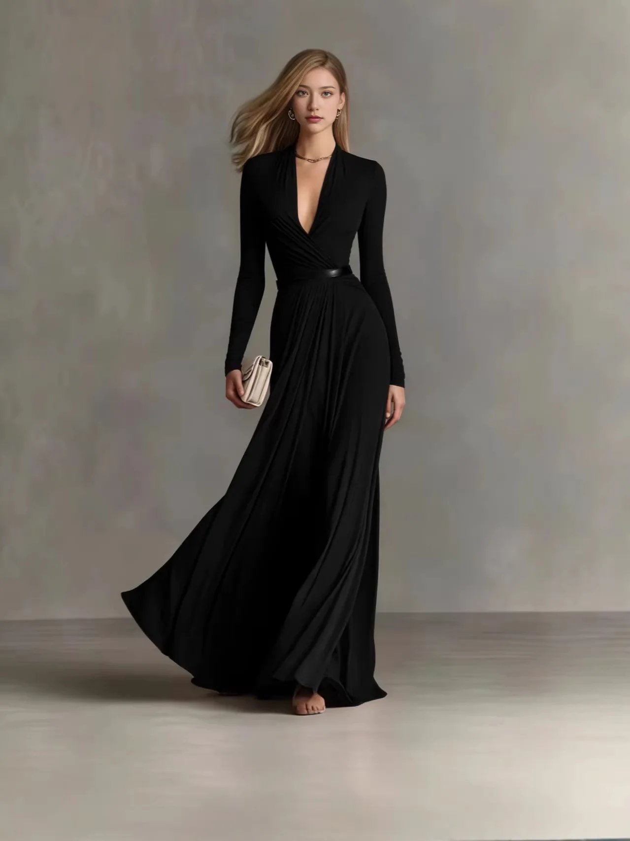 Victoria's Vogue Women Elegant Sexy Deep V Neck Slim Maxi Dress Spring Autumn Solid Long Sleeve Casual Party Dresses With Belts Fashion Street