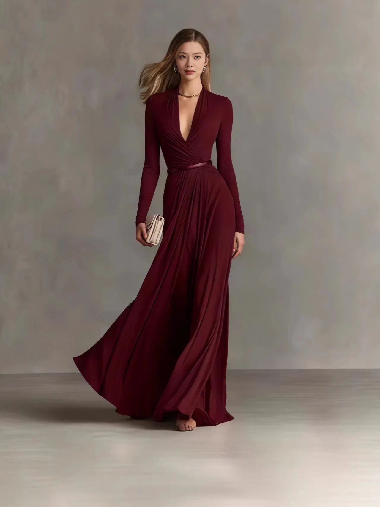 Victoria's Vogue Women Elegant Sexy Deep V Neck Slim Maxi Dress Spring Autumn Solid Long Sleeve Casual Party Dresses With Belts Fashion Street
