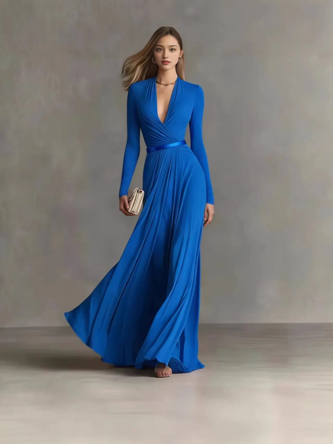 Victoria's Vogue Women Elegant Sexy Deep V Neck Slim Maxi Dress Spring Autumn Solid Long Sleeve Casual Party Dresses With Belts Fashion Street