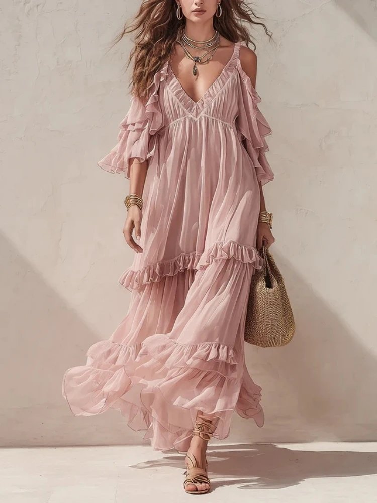 Victoria's Vogue Women's Ruffled Tiered Maxi Dress V-Neck Off-shoulder Flutter Flowy Chiffon Gown Elegant Chic Boho Sexy High Waist Summer Dress