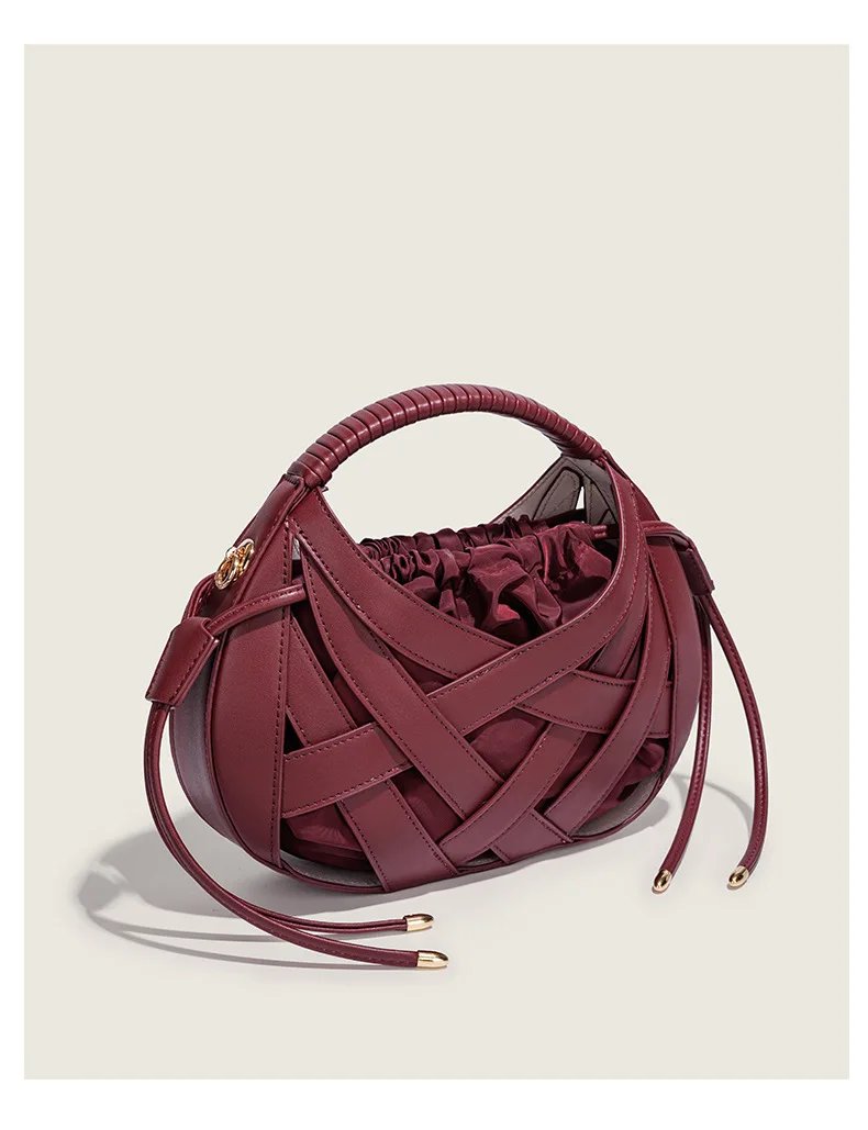 Victoria's Vogue Fashion Woven Hollow Women Handbags Luxury Designer Ladies Shoulder Messenger Bag Small Totes Tassel Lady Composite Bag Burgundy