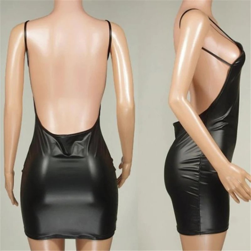Victoria's Vogue Sexy Faux Leather Dress Backless Club Party Short Dress Solid Black Wet Look Latex Bodycon Push Up Bra Mini Micro Dress