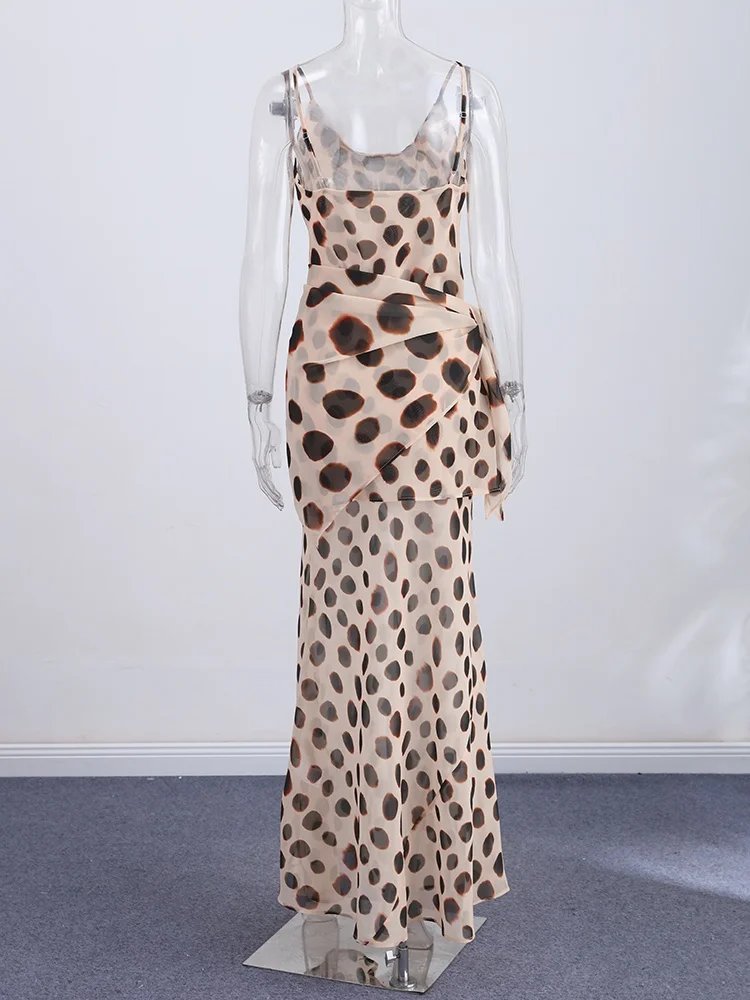 Victoria's Vogue Elegant Animal Print Maxi Dress Detachable Scarf Spaghetti Strap Tie Waist Slim Fit Skirt Women Summer Party Vacation Outfit New