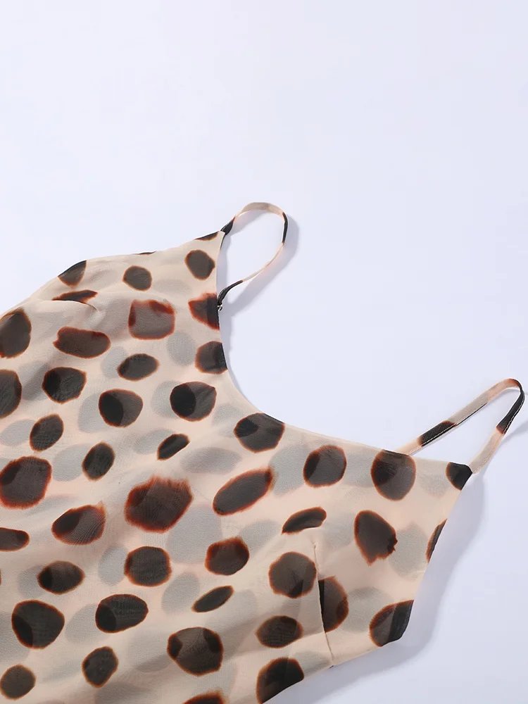 Victoria's Vogue Elegant Animal Print Maxi Dress Detachable Scarf Spaghetti Strap Tie Waist Slim Fit Skirt Women Summer Party Vacation Outfit New