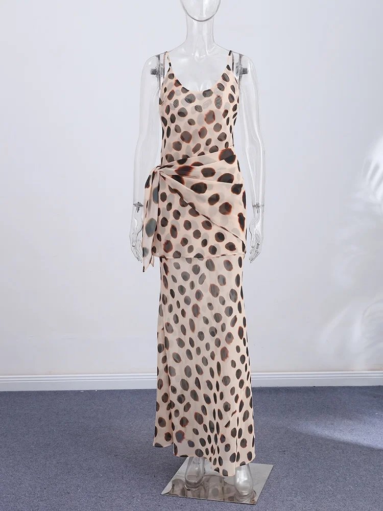 Victoria's Vogue Elegant Animal Print Maxi Dress Detachable Scarf Spaghetti Strap Tie Waist Slim Fit Skirt Women Summer Party Vacation Outfit New