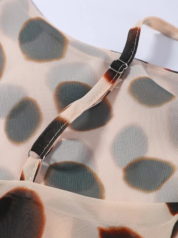 Victoria's Vogue Elegant Animal Print Maxi Dress Detachable Scarf Spaghetti Strap Tie Waist Slim Fit Skirt Women Summer Party Vacation Outfit New