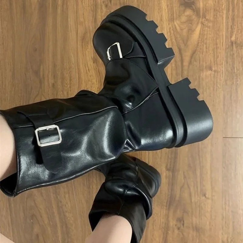 Victoria's Vogue Women's Chunky Platform Motorcycle Boots Vintage Slouchy Mid-Calf Biker Shoes Matte Leather Buckle Booties